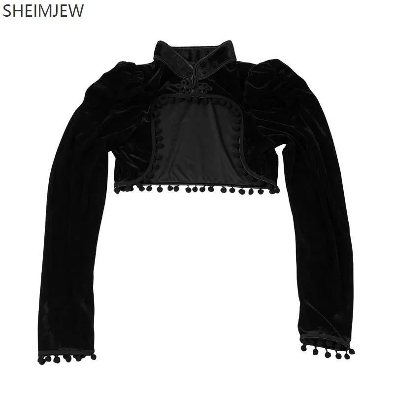 Medieval Steampunk Jacket Black Tassel Stand Collar Short Top Women Gothic Coat Navel-exposed Long Sleeve Retro Slim Fit Coats SS69