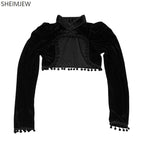 Medieval Steampunk Jacket Black Tassel Stand Collar Short Top Women Gothic Coat Navel-exposed Long Sleeve Retro Slim Fit Coats SS69