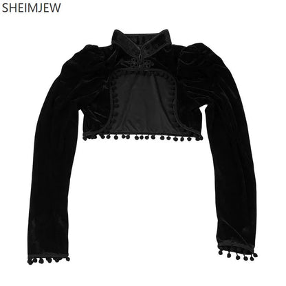 Medieval Steampunk Jacket Black Tassel Stand Collar Short Top Women Gothic Coat Navel-exposed Long Sleeve Retro Slim Fit Coats SS69