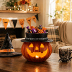 Halloween Pumpkin Candy Bowl with Witch Hat, Light Up Jack O Lantern Decoration, Spooky Tabletop Storage Container for Home Party Decor