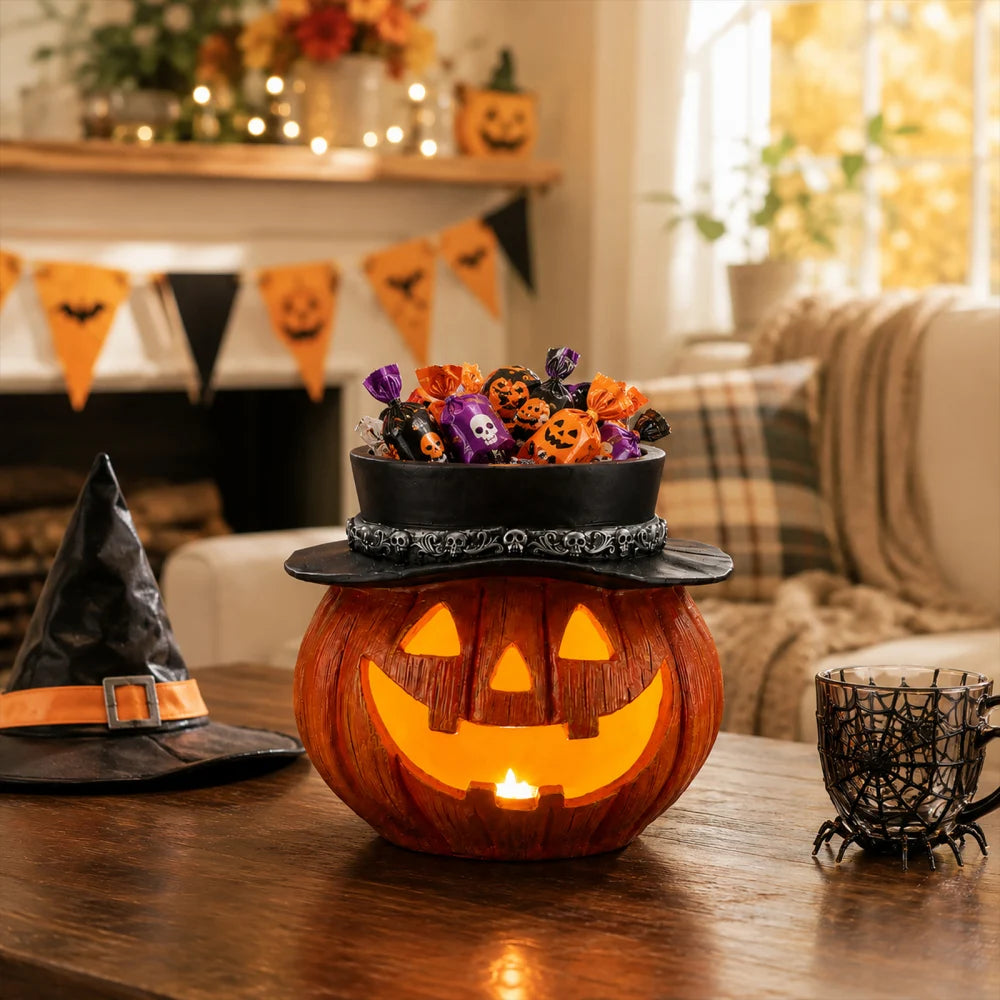 Halloween Pumpkin Candy Bowl with Witch Hat, Light Up Jack O Lantern Decoration, Spooky Tabletop Storage Container for Home Party Decor