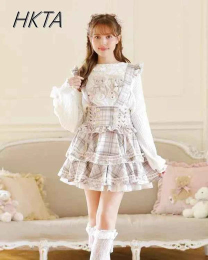 Original Japanese Mines Lolita Strap Skirts Women High Waist and Thin Frilly Pleated Skirt College Style Liz Girl Plaid Skirt