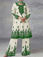 Plus Size Women's Off-White and Black Printed Three-Piece Set Ethnic Style Crew Neck Long Top Wide-Leg Pants and Headscarf Set