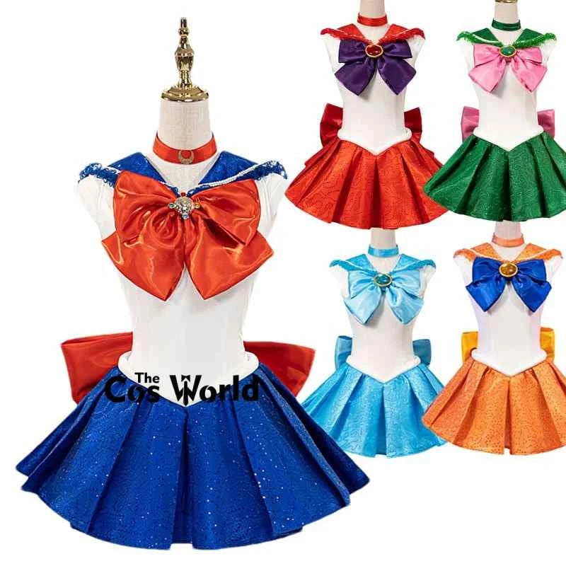 Five Sailor Moon cosplay costumes in blue, red, green, light blue, and orange on mannequins.