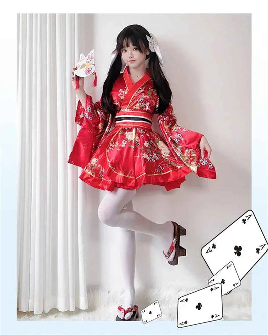 Japanese Kimono Yukata Robes Kawaii Girls Floral Printed Haori Suit Lovely Lolita Dress For Women Maid Cosplay Costume Halloween
