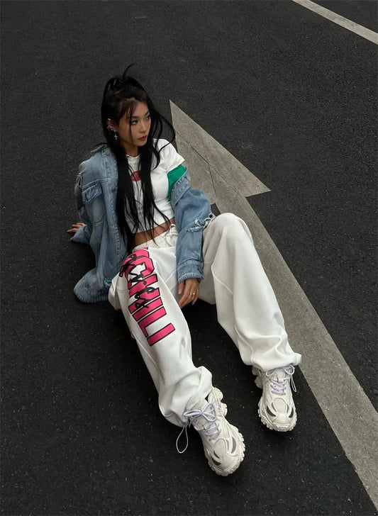 Korean Y2K Streetwear White Jogging Sweatpants Women Harajuku Sports Pants Oversized Hip Hop Letter Wide Leg Trousers - SS69