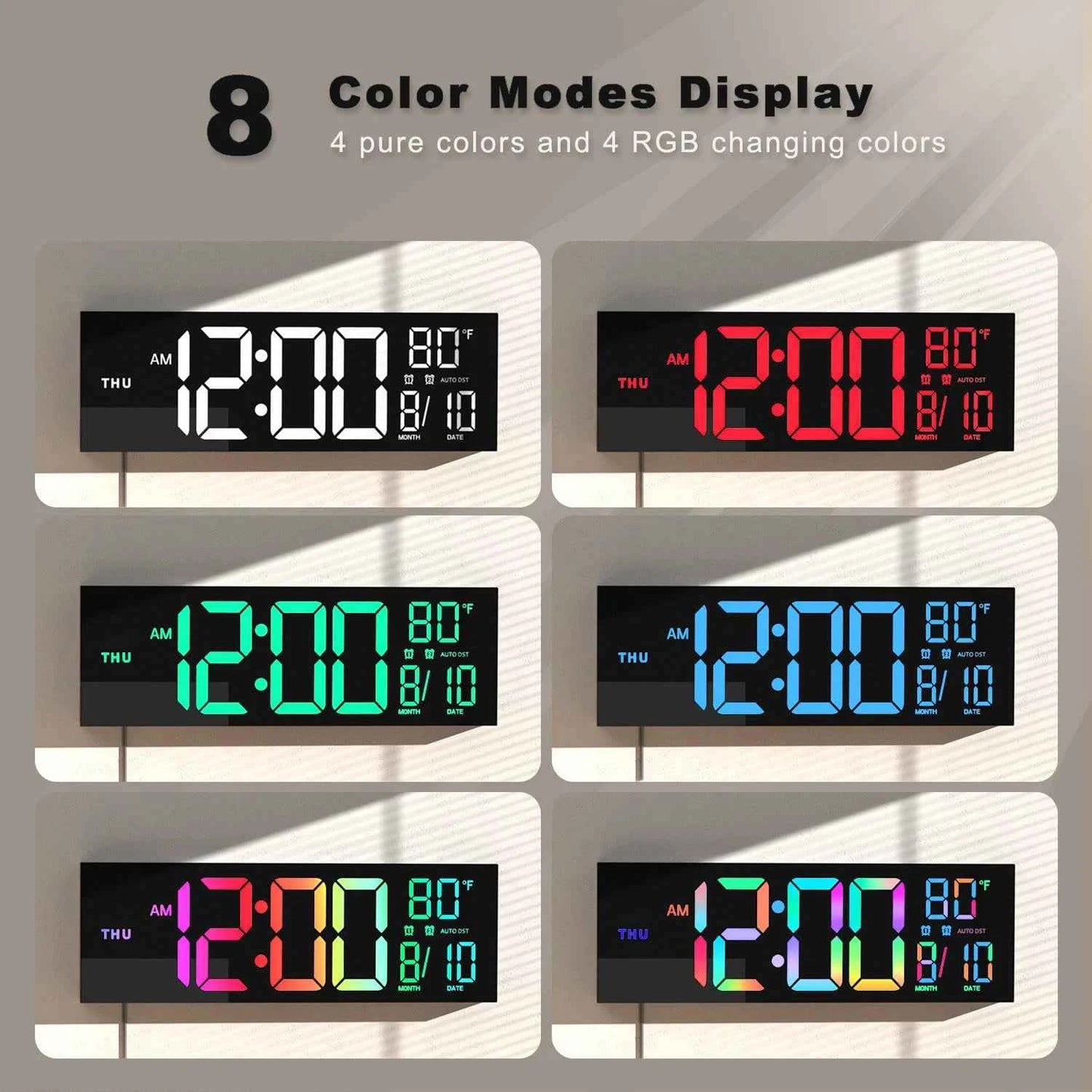 16" Large Digital Wall Clock, Big LED Display with Remote, 8 RGB Color, Alarm, DST, Temperature for Living Room, Kitchen