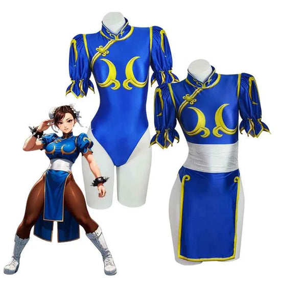 Women's Street Fighter Chun Li Cosplay Costume Game Fighter Chunli Blue Cheongsam with Headdress and Waistband Halloween Costume