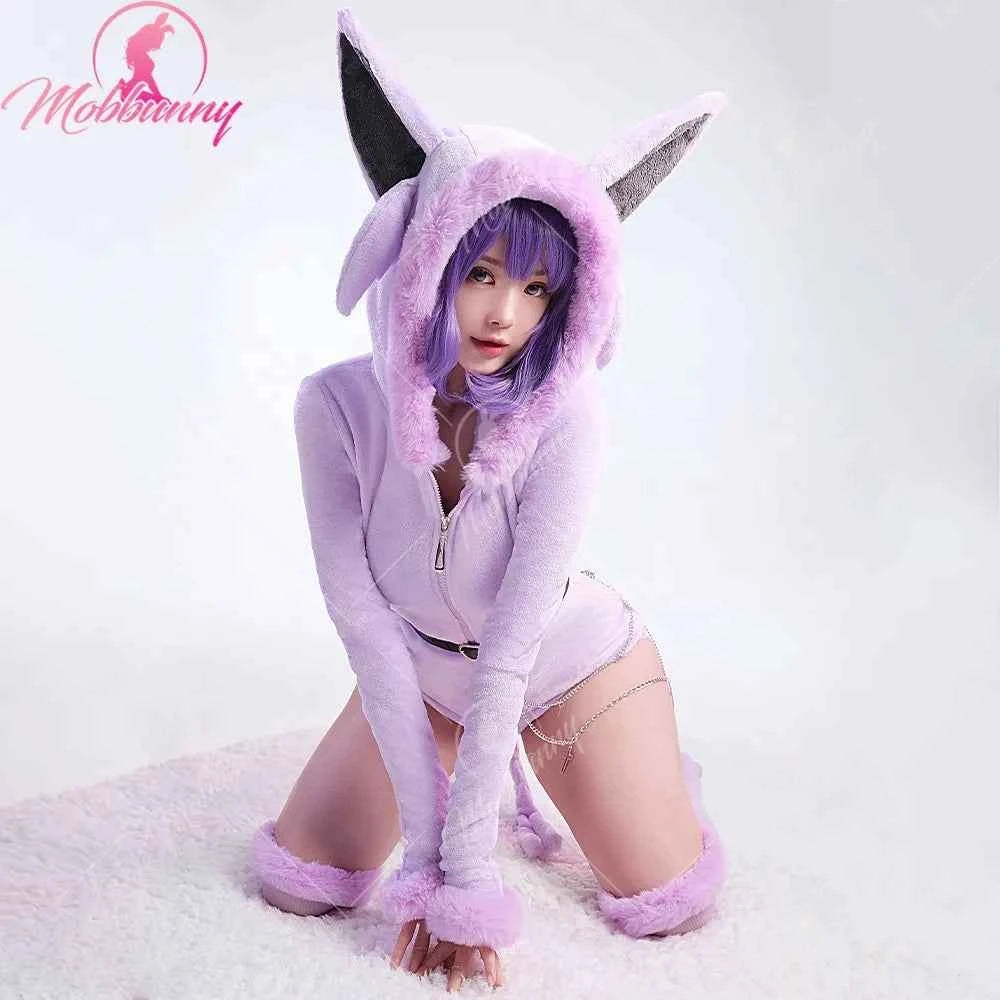 MOBBUNNY Espeon Cosplay Costume Women Hooded Bodysuit Tail Socks Suit Cute Cartoon Flannel Pajamas Bunny Girl Plush Jumpsuit