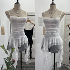 Women's Vintage Tie-dye Printed Mesh Spaghetti Strap Camisole Hot Girl Irregular Ruffled Ribbon Sleeveless Top Partyclub 1185