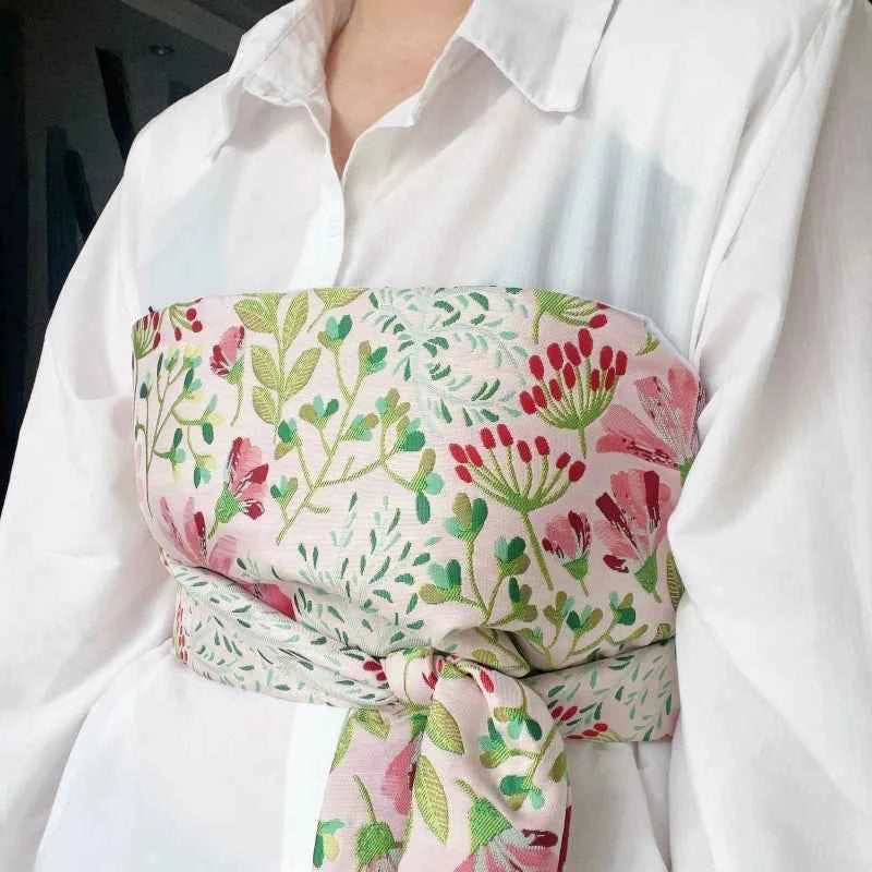 Traditional Japanese Kimono Yukata Obi Belt Crane Floral Printed Haori Belt Brocade Jacquard Waistband Shirt  Decor Accessories