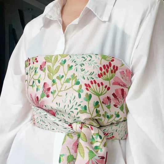 Traditional Japanese Kimono Yukata Obi Belt Crane Floral Printed Haori Belt Brocade Jacquard Waistband Shirt  Decor Accessories