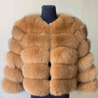 WGLUVF Women's Real Fox Fur Short O-Neck Coat