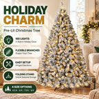 Prelit Artificial Christmas Tree with 100 Lights Snowflake Decorations Hinged PVC Branches Iron Trunk and Folding Metal Stand Green and White Holiday Decor for Living Room Home Christmas Party