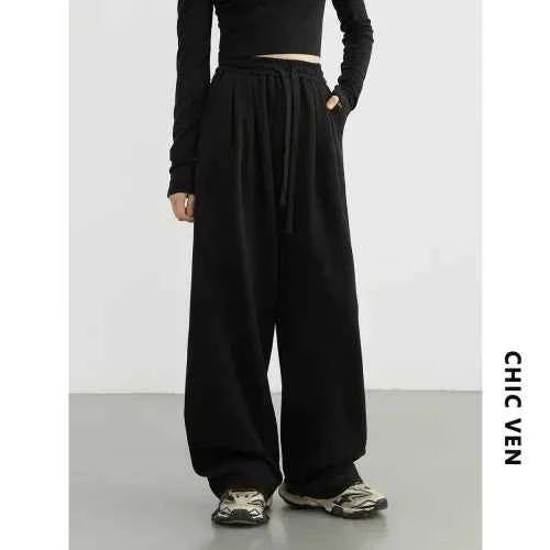 CHIC VEN Women's Pant Streetwear Solid Loose New Drawstring Sports Casual Trousers High Waisted Pants Autumn Winter 2025