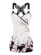 Dressfo 2025 Women's Tank Tops Rose Print Ruched Butterfly Lace Cross Tank Top O Ring Surplice Summer Top SS69