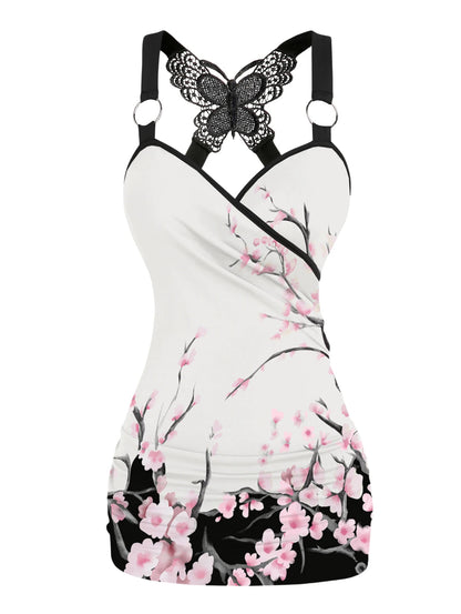 Dressfo 2025 Women's Tank Tops Rose Print Ruched Butterfly Lace Cross Tank Top O Ring Surplice Summer Top SS69