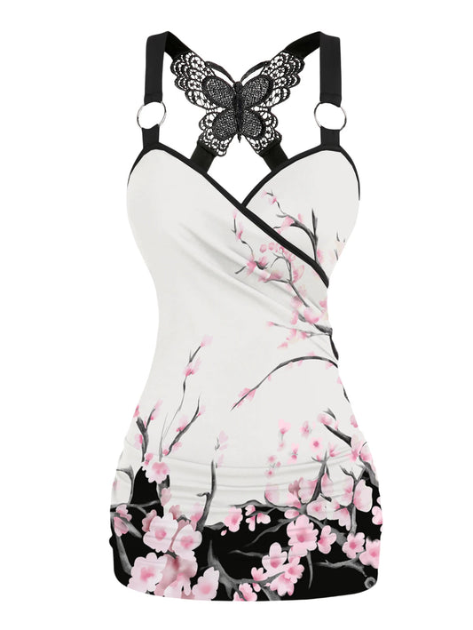 Dressfo 2025 Women's Tank Tops Rose Print Ruched Butterfly Lace Cross Tank Top O Ring Surplice Summer Top SS69