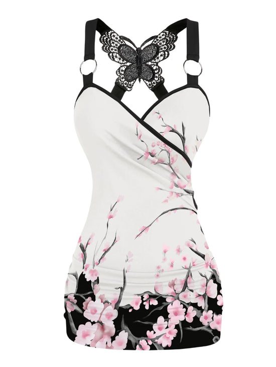 Dressfo 2025 Women's Tank Tops Rose Print Ruched Butterfly Lace Cross Tank Top O Ring Surplice Summer Top SS69