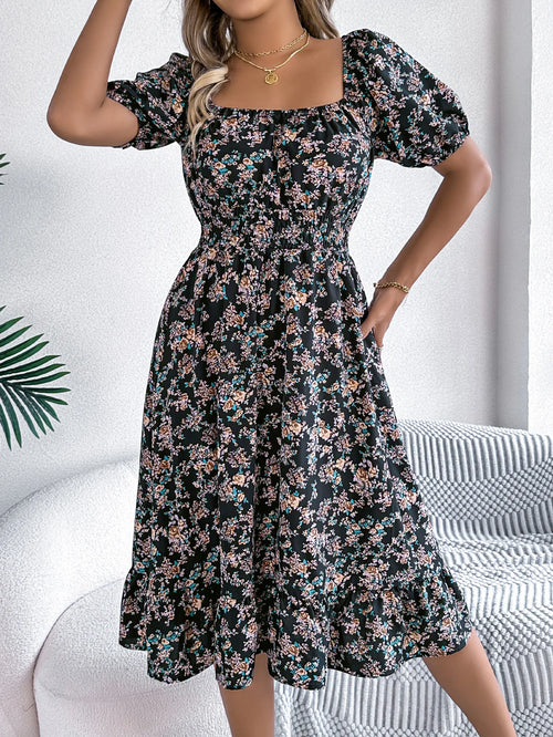 Summer Women's Beach Dress Floral 3D Print Square Neck Short-Sleeved Ladies Waist Ruffled A-Line Dress For Women Holiday Dresses