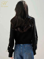 H Han Queen Autumn Simple Basic Black Tasseled Sequins Knitted Coats Cardigan Sweater For Womens Tops Long Sleeve Cardigans