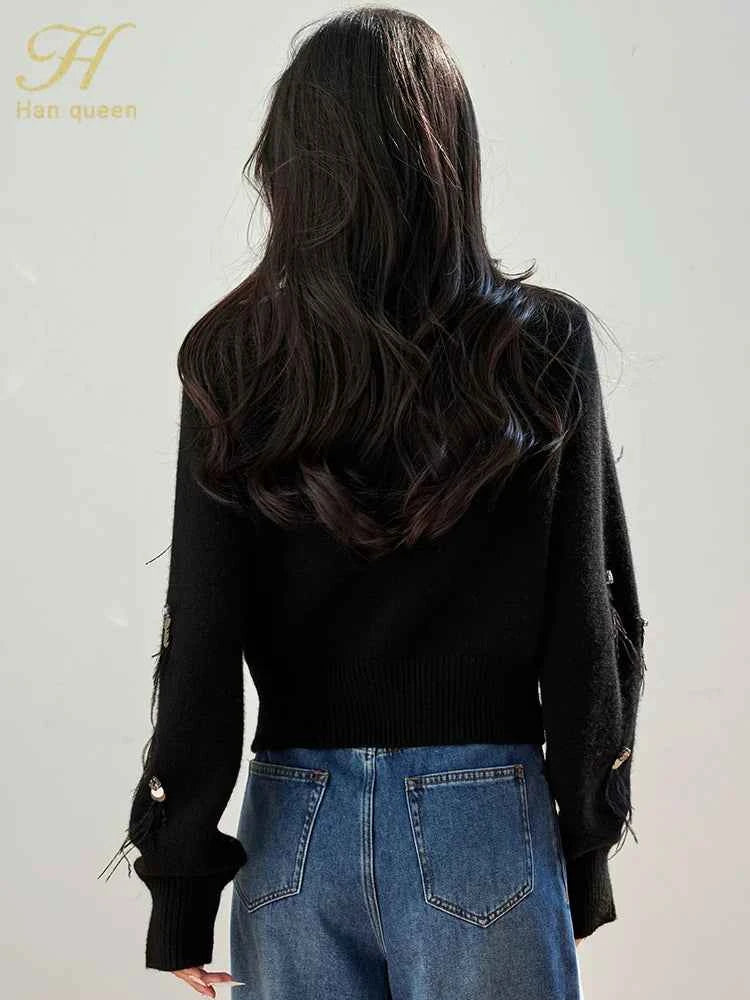 H Han Queen Autumn Simple Basic Black Tasseled Sequins Knitted Coats Cardigan Sweater For Womens Tops Long Sleeve Cardigans