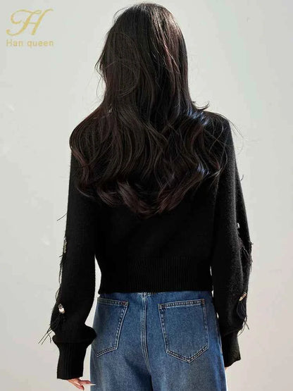 H Han Queen Autumn Simple Basic Black Tasseled Sequins Knitted Coats Cardigan Sweater For Womens Tops Long Sleeve Cardigans