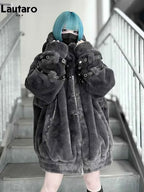 Lautaro Autumn Winter Thick Warm Faux Fur Coat Women with Hood Zipper Luxury Japanese Style Punk Harajuku Fluffy Jacket 2026