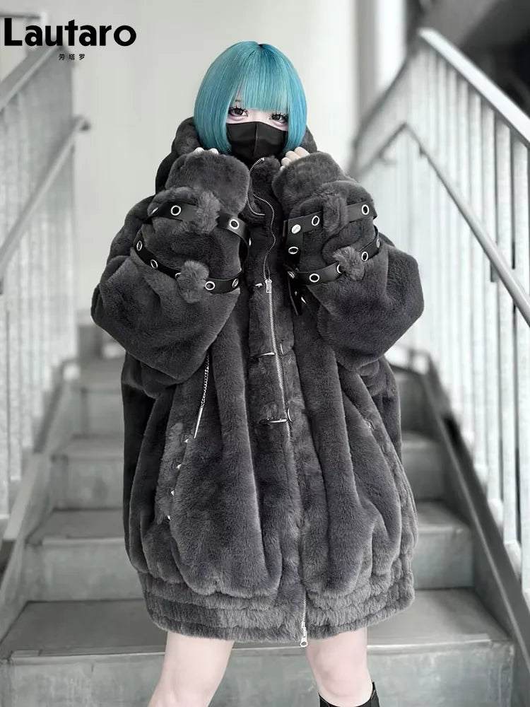 Lautaro Autumn Winter Thick Warm Faux Fur Coat Women with Hood Zipper Luxury Japanese Style Punk Harajuku Fluffy Jacket 2026