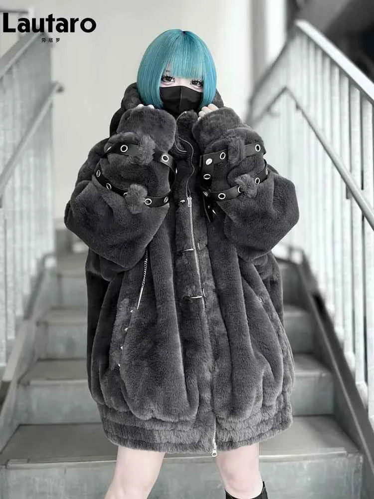 Lautaro Autumn Winter Thick Warm Faux Fur Coat Women with Hood Zipper Luxury Japanese Style Punk Harajuku Fluffy Jacket 2026