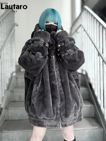 Lautaro Autumn Winter Thick Warm Faux Fur Coat Women with Hood Zipper Luxury Japanese Style Punk Harajuku Fluffy Jacket 2026