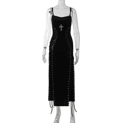 Punk Grunge High Split Hem Straps Dess 90s Streetwear Gown Women Sexy Corn Bandage Velvet Dresses Mall Gothic Clothing