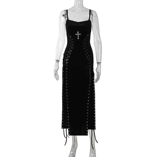 Punk Grunge High Split Hem Straps Dess 90s Streetwear Gown Women Sexy Corn Bandage Velvet Dresses Mall Gothic Clothing