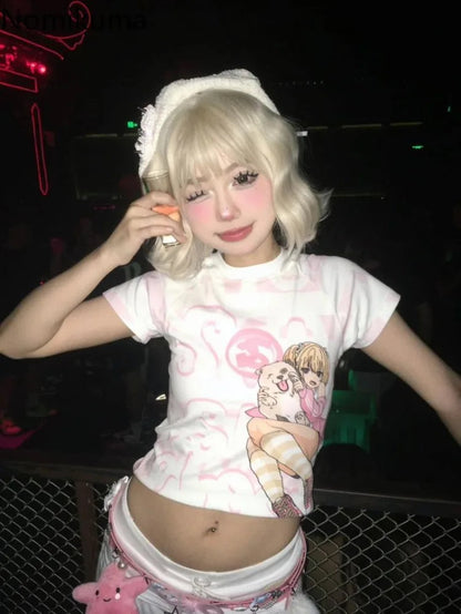 Japanese Camisetas Y2k Tshirts Crop Tops Women Clothing Short Sleeve O-neck Cute Tees Anime Print Casual Fashion Summer T-shirt SS69