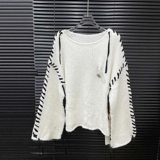 Loose Knitted Long Sleeve Crew Neck Pullover Sweater Fashionable Early Autumn New Style Wear Rope Pin Women's Top