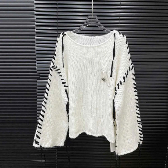 Loose Knitted Long Sleeve Crew Neck Pullover Sweater Fashionable Early Autumn New Style Wear Rope Pin Women's Top