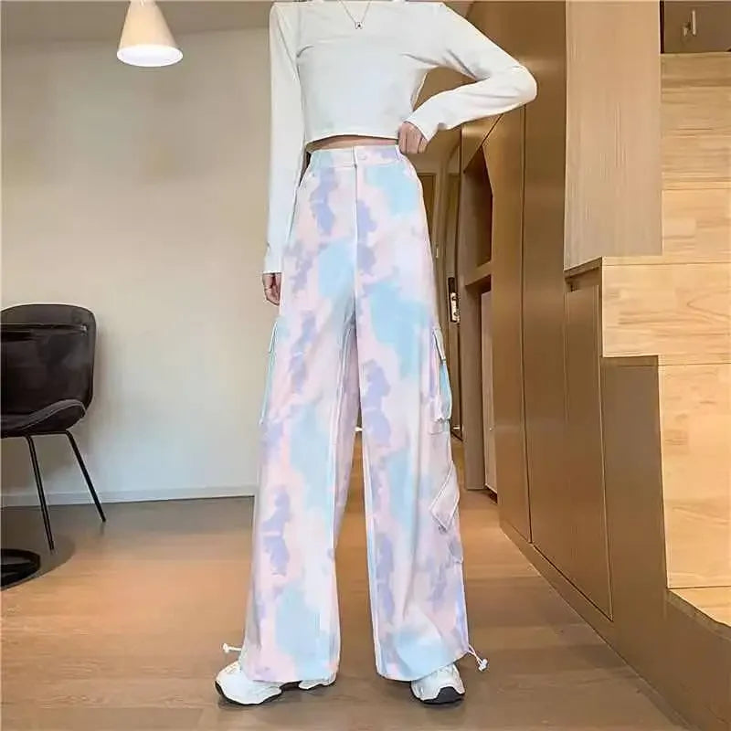 Women Harajuku Tie Dye Cargo Pants Spring Summer New Korean Fashion Streetwear High Waist Loose Versatile Sports Casual Trousers SS69