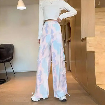 Women Harajuku Tie Dye Cargo Pants Spring Summer New Korean Fashion Streetwear High Waist Loose Versatile Sports Casual Trousers SS69