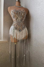 Sparkly Rhinestone Fringe Mesh Dance Costume for Women