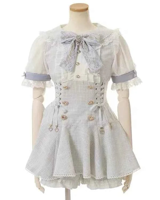Japanese Mine Mass-Produced Short-Sleeve Shirt Dress Shorts Set Women Sweet Liz Doll Collar Bow Shirt Dress Two-Piece Suit