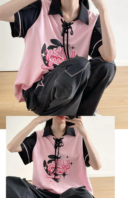 Black Pink Y2K Clothing Set Hot Girls Strapless Strap Short Sleeve T-shirt Slimming Jeans Long Pants Female 4 Piece Set Outfits SS69