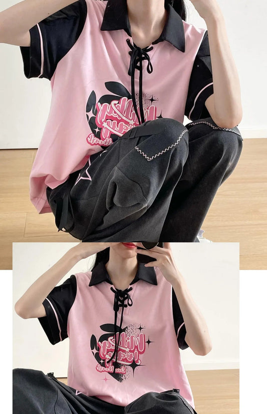 Black Pink Y2K Clothing Set Hot Girls Strapless Strap Short Sleeve T-shirt Slimming Jeans Long Pants Female 4 Piece Set Outfits SS69