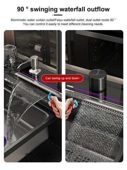 TELISIYAC Stainless Steel Waterfall Kitchen Sink, Large Single Bowl Digital
