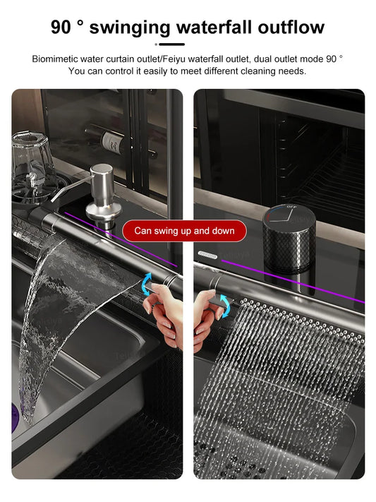 TELISIYAC Stainless Steel Waterfall Kitchen Sink, Large Single Bowl Digital