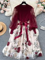 SINGREINY Senior Knitted Patchwork Dress Long Lantern Sleeves Bow Mesh Embroidery Floral Women Autumn France Elegant Party Dress