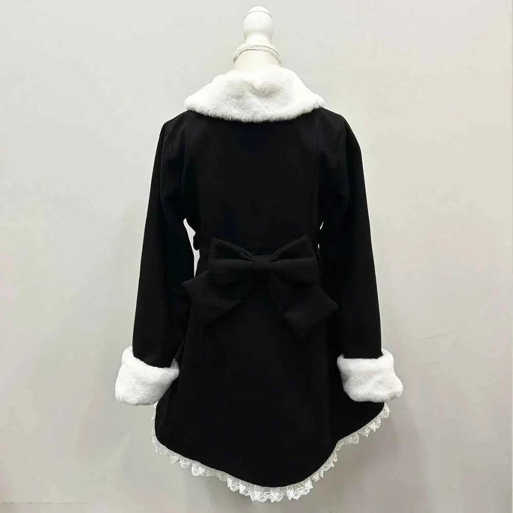 Japanese Sweet Winter Woolen Coat Lolita Style Cute Big Bow Fungus Edge Long Sleeve Slim Kawaii Girls Women Elegant Overcoat