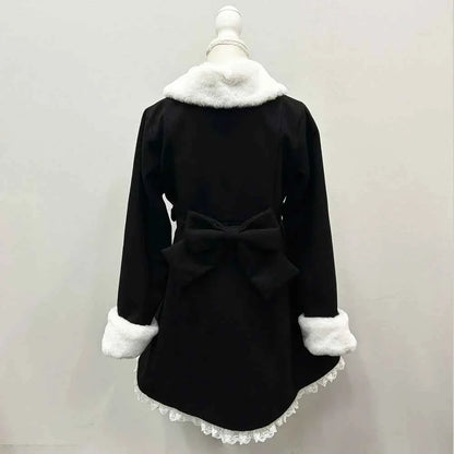 Japanese Sweet Winter Woolen Coat Lolita Style Cute Big Bow Fungus Edge Long Sleeve Slim Kawaii Girls Women Elegant Overcoat