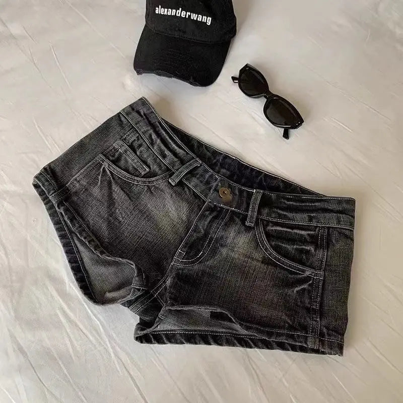 Vintage Denim Shorts Women Summer Black Grey Washed Low Waist Elastic Skinny Hot Shorts Jeans SS69 14.69 Blue / S