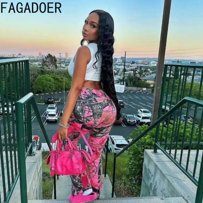 FAGADOER Pink Camouflage Print Pants Women Y2K Streetwear Button Pocket patchwork Straight Pants Hot girl Bottoms 2025 SS69