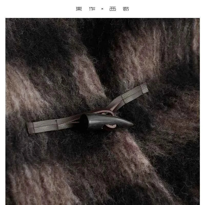 Plaid Coat~ Retro Style Horn Button Mid-Length Coat Women's Alpaca Wool Coat 2025 Winter British Style